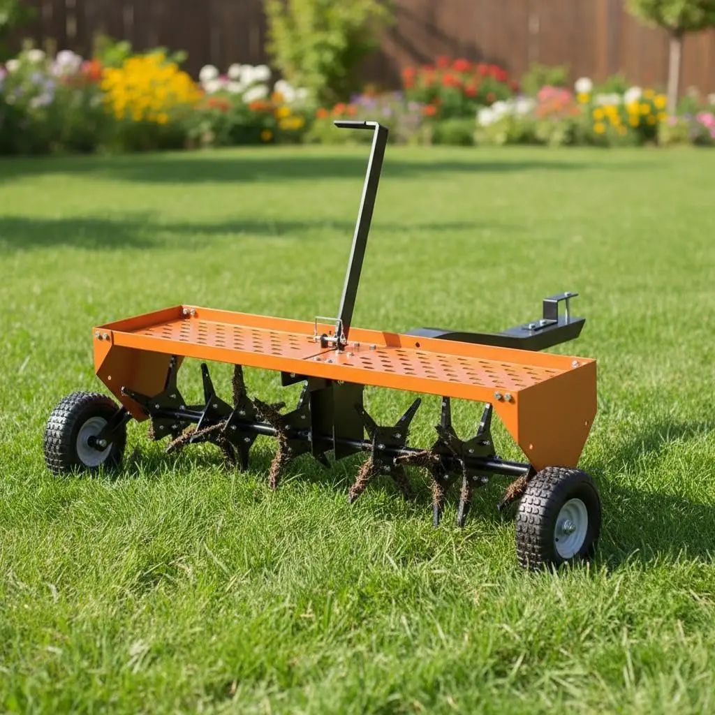 Garvee 48-Inch Tow Behind Plug Aerator - Garden Tool with Durable Steel Tines, Lawn Tray, Pneumatic Tires for Lawn, Farm Use, Portable