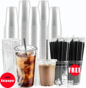[100 Sets] 32oz-10oz Clear Plastic Cups With Lids and Straws, Disposable Cups With Lids for Iced Coffee, Smoothie, Milkshake and Cold Drinks