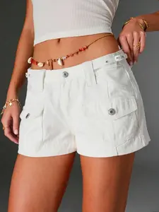 TRNDY Casual Solid Color Low-Rise Utility Denim Shorts, Summer