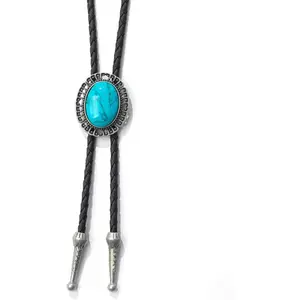 Western Cowboy Bolo Tie Men Leather Necktie Leather Cord Turquoise Stone Bolo Ties for Men Women