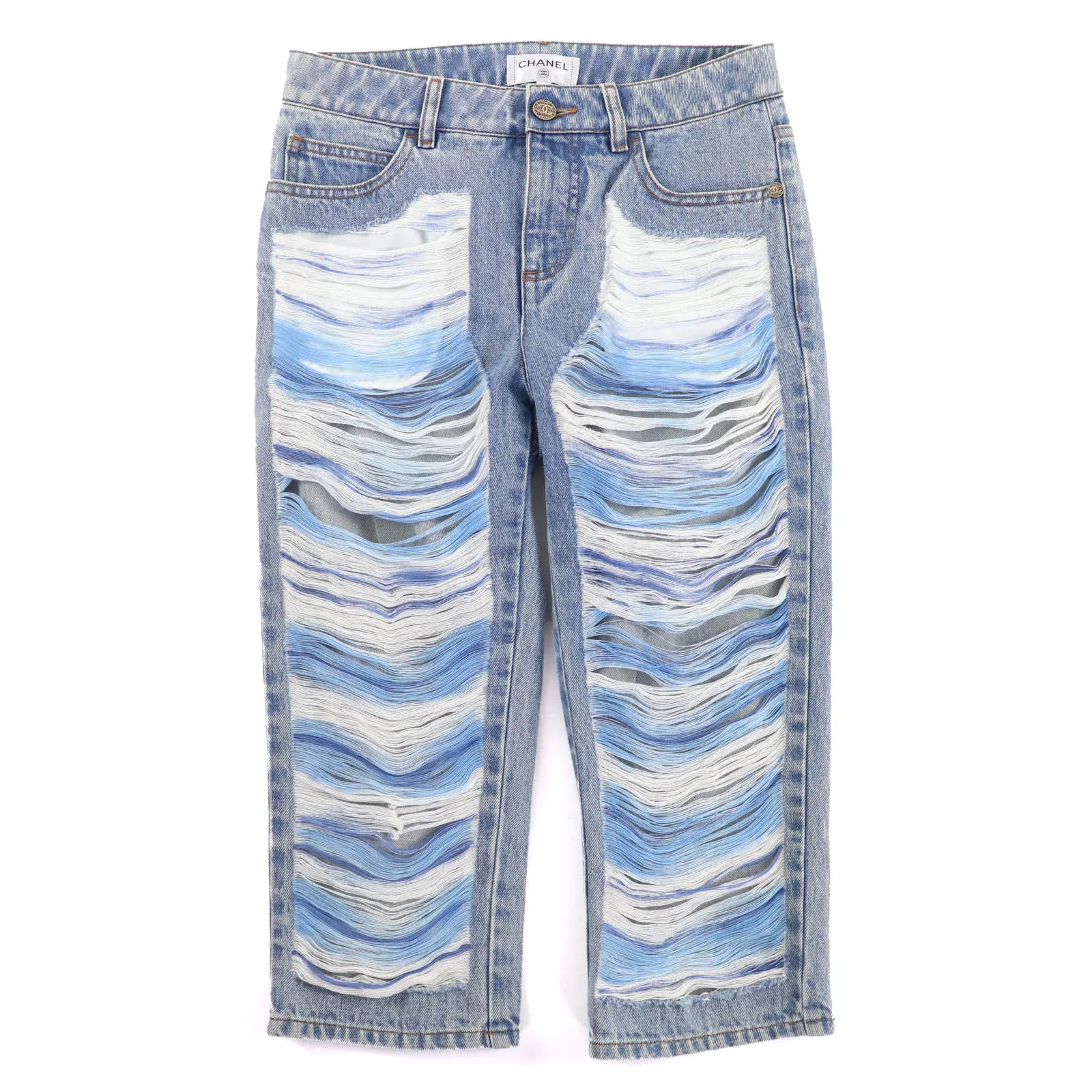 Pre-owned CHANEL Denim Small Leather Goods COCO Mark Button Distressed Tulle Pants