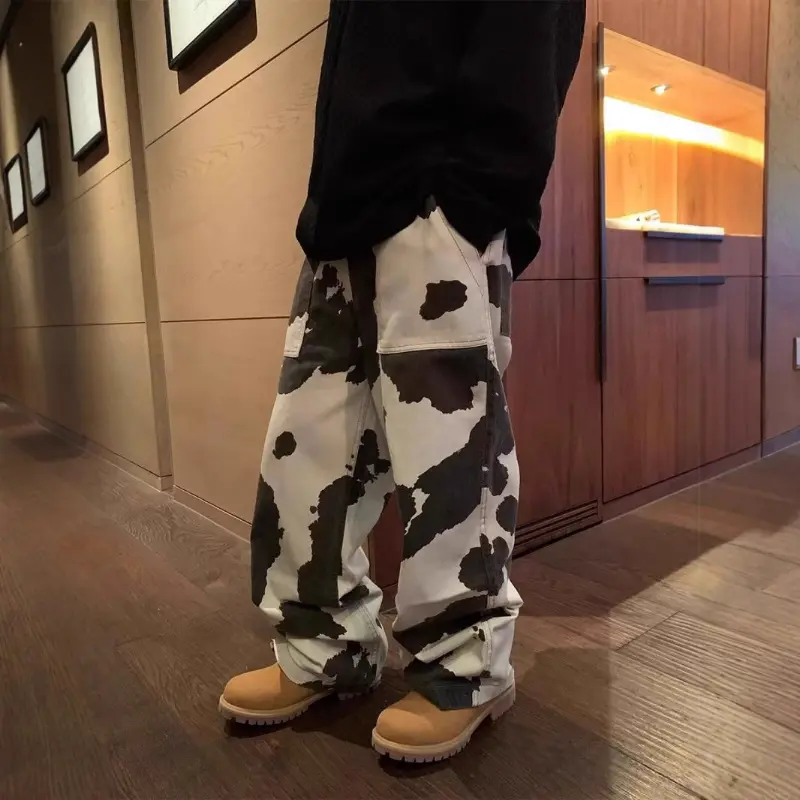 Retro Cow Print Straight Jeans, Unisex Ripped Loose-Fit Stretch Denim, Casual Long Streetwear Trousers, Menswear, Pocket, Cotton, Fabric, Pants, Straight Cut, Four-Season, Multi-Size