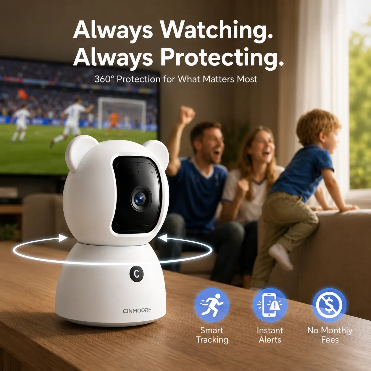 CINMOORE Indoor Pan Tilt Security Camera with AI, 2.5K Baby Monitor Camera, Pet Camera, Human & Pet Detection, Cry Detection, Motion Tracking, Night Vision, 2-Way AudioIndoor Pan-Tilt Security Camera with AI Nursery