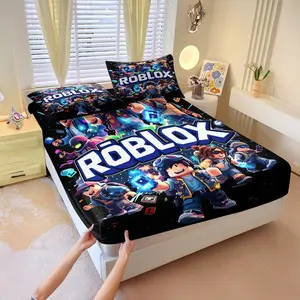 Roblox Virtual World Printed Fitted Sheet Set,Includes 1 Fitted Sheet & 2 Pillowcases without Filler,Trendy, eye-catching and Decorative design,Perfect for digital creative enthusiasts,Multiple styles available,Suitable for home bedrooms and hotels