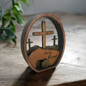1/2 Empty Tomb Easter Focus Scene and Cross Symbol 3D Decoration, Wooden Material Easter Resurrection Scene Cross Jesus Tomb Tray, Jesus Christmas Scene Decoration for Religious Home Office Desk