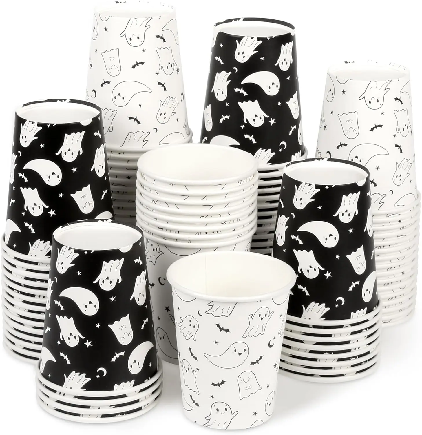 100Pcs Halloween Paper Cups Halloween Disposable Cups 9oz Black and White Ghost Party Cup for Hot and Cold Drinking Beverage Water Juice Coffee Hallowen Party Supplies