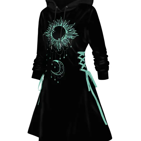 DRESSLILY  Women's Hoodie Dresses Contrast Sun Moon Print Hooded Dress Lace Up Mini Dress Long Sleeve Fall Winter Dress