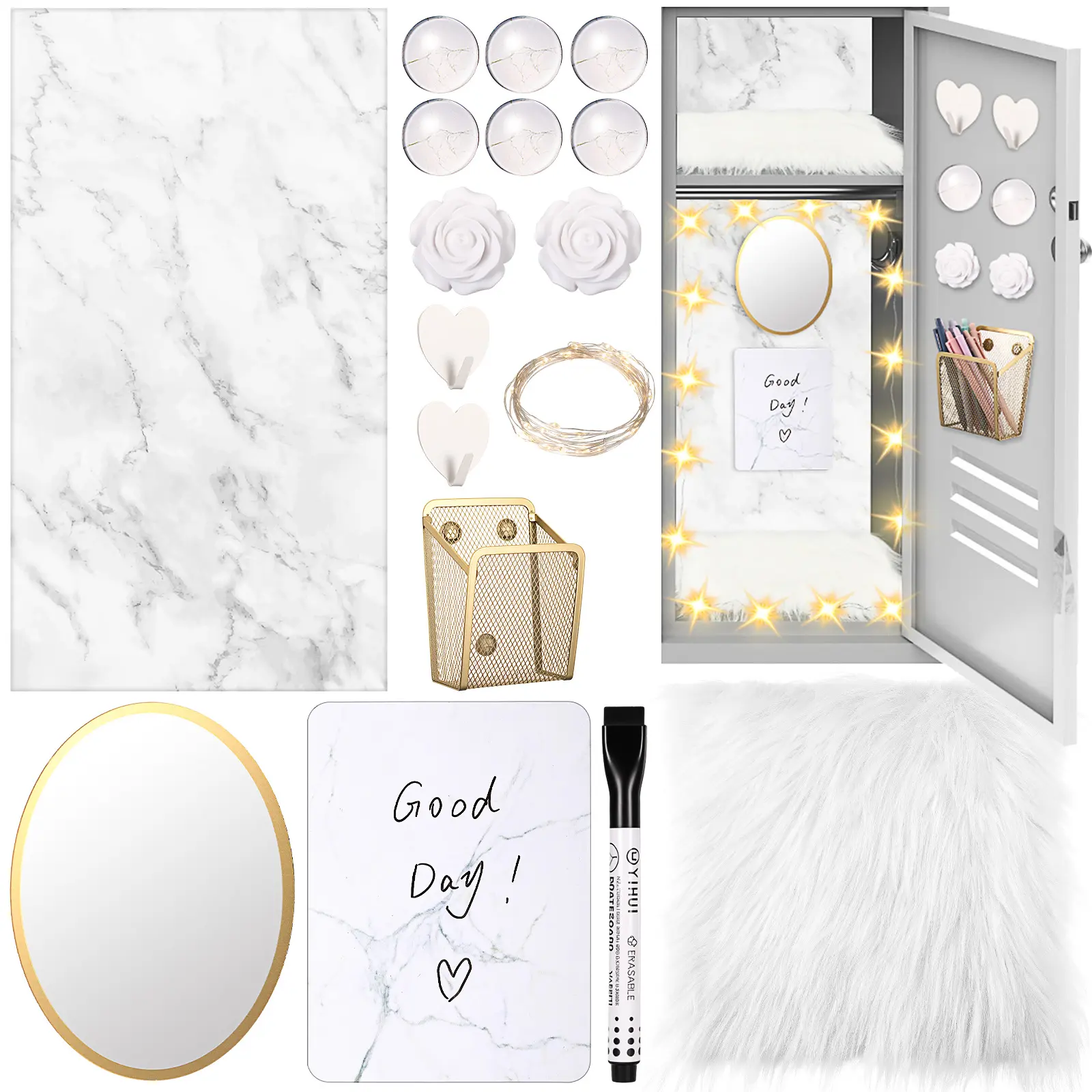 Back to School Locker Accessories Set for Girls, First Day of School Gift with Magnetic Mirror, Dry Erase Board, Pen Holder, Hooks, LED Lights & Rug, Aesthetic Locker Decor for Teen Girls Back to School Essentials Decorations