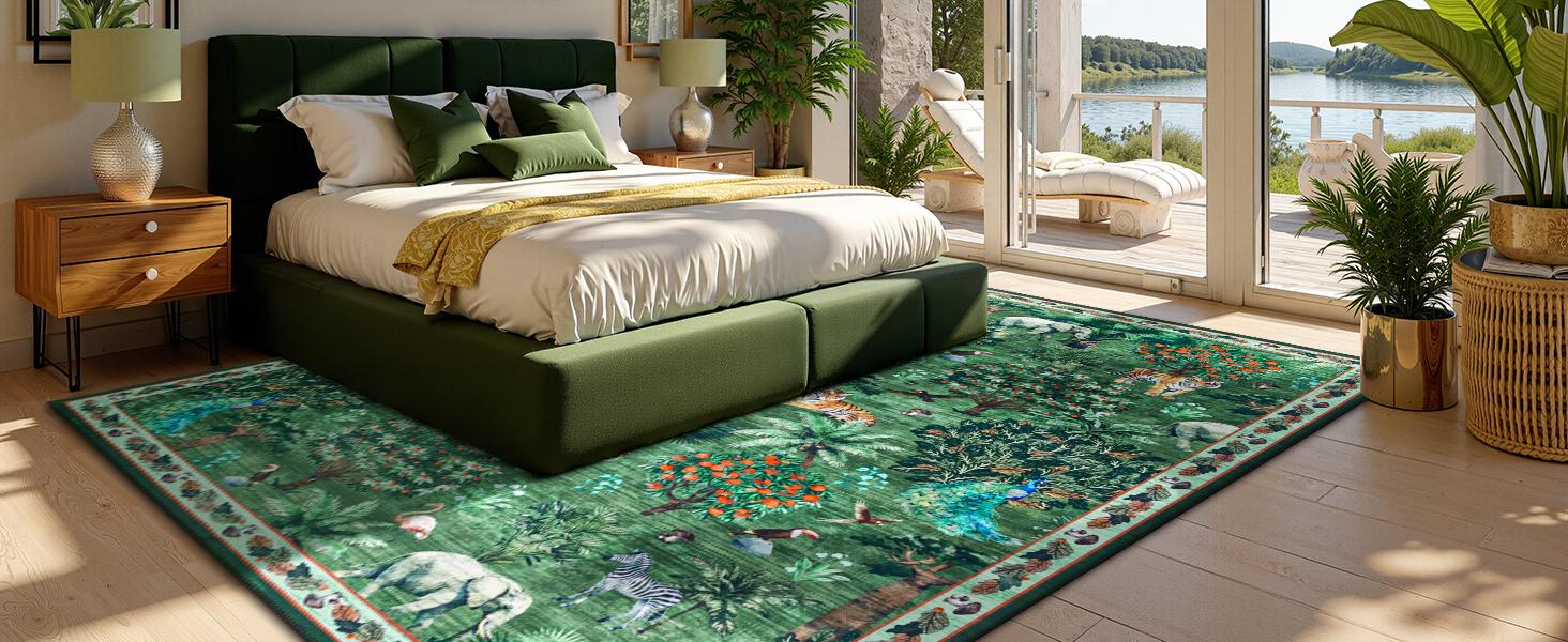 LOKHOM Jungle Animal Print Rug 8x10 Washable Area Rugs for Living Room, Forest Rug Non Slip Low Pile Stain Resistance Large Throw Carpet for Bedroom Dining Room Kids Playroom Nursery, Black