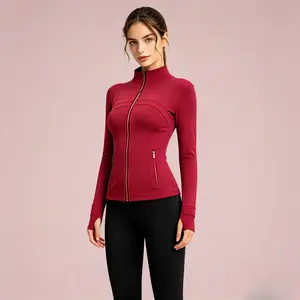 Golden zipper women's sports jacket, slim fit, with pockets and thumb hole design, suitable for fitness and yoga