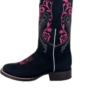 White Diamonds Boots Women's Handcrafted Fina Piel de Cuero Gamuza Square Toe Boots with Floral Embroidery Black Color 1.5" Heel Made in Mexico
