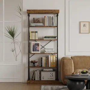 Twister.ck 6 Tier Book Rack Storage Bookshelf,Industrial Bookcase Shelf Storage Organizer for Home Office,Living Room,Kitchen,74 x 32 Inch,Metal Frame & Wooden Shelves Unit Black & Brown