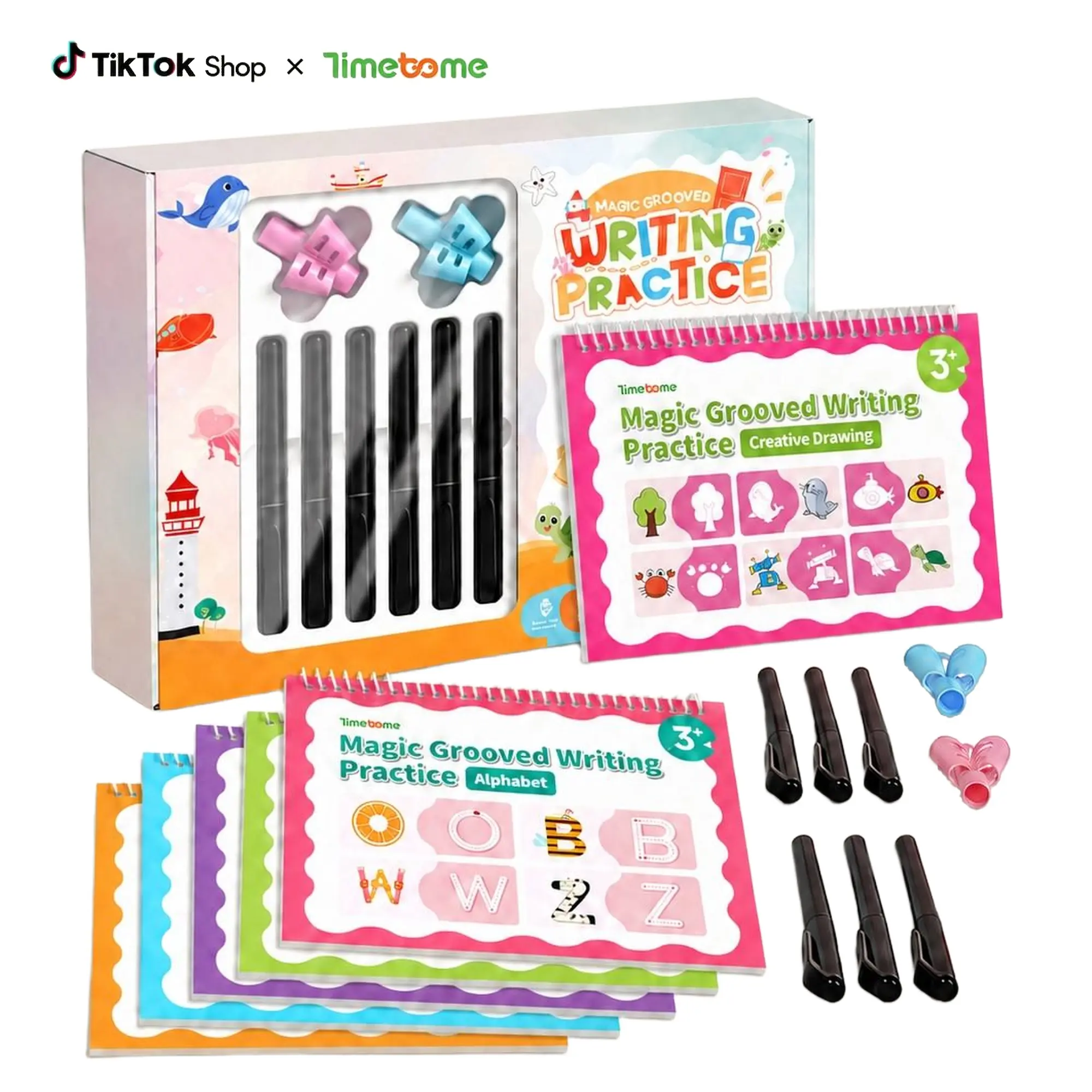 2026-Timetome Magic Grooved Writing Books for Kids Ages 3-5, 6-Pack Large Reusable Handwriting Practice & Preschool Tracing Workbooks with Disappearing Ink, 6 Pens & 2 Silicone Grips, Letters, Numbers, Math, Phrases & Drawing, Flip-Top Design