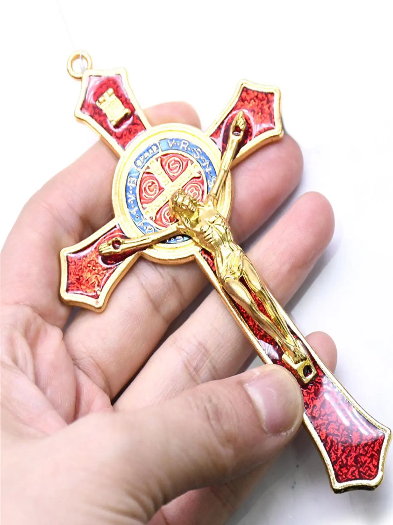 Saint Benedict Benedictine Red Enamel 4.7X2.7 Inch Protection Religious Wall Crucifix Cross Catholic San Benito Medalla Prayer Decoration Hanging Cross Ornament Cross Decorations Religious Ornaments