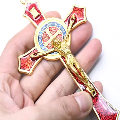 Saint Benedict Benedictine Red Enamel 4.7X2.7 Inch Protection Religious Wall Crucifix Cross Catholic San Benito Medalla Prayer Decoration Hanging Cross Ornament Cross Decorations Religious Ornaments