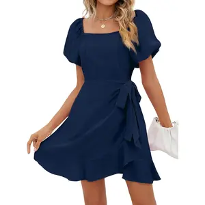OFEEFAN Womens Summer Dresses Square Neck Puff Sleeve Tie Waist Short Dress