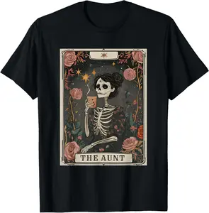 100% Cotton Unisex The Aunt Tarot Card Women Skeleton Aunty Coffee Lover T-Shirt