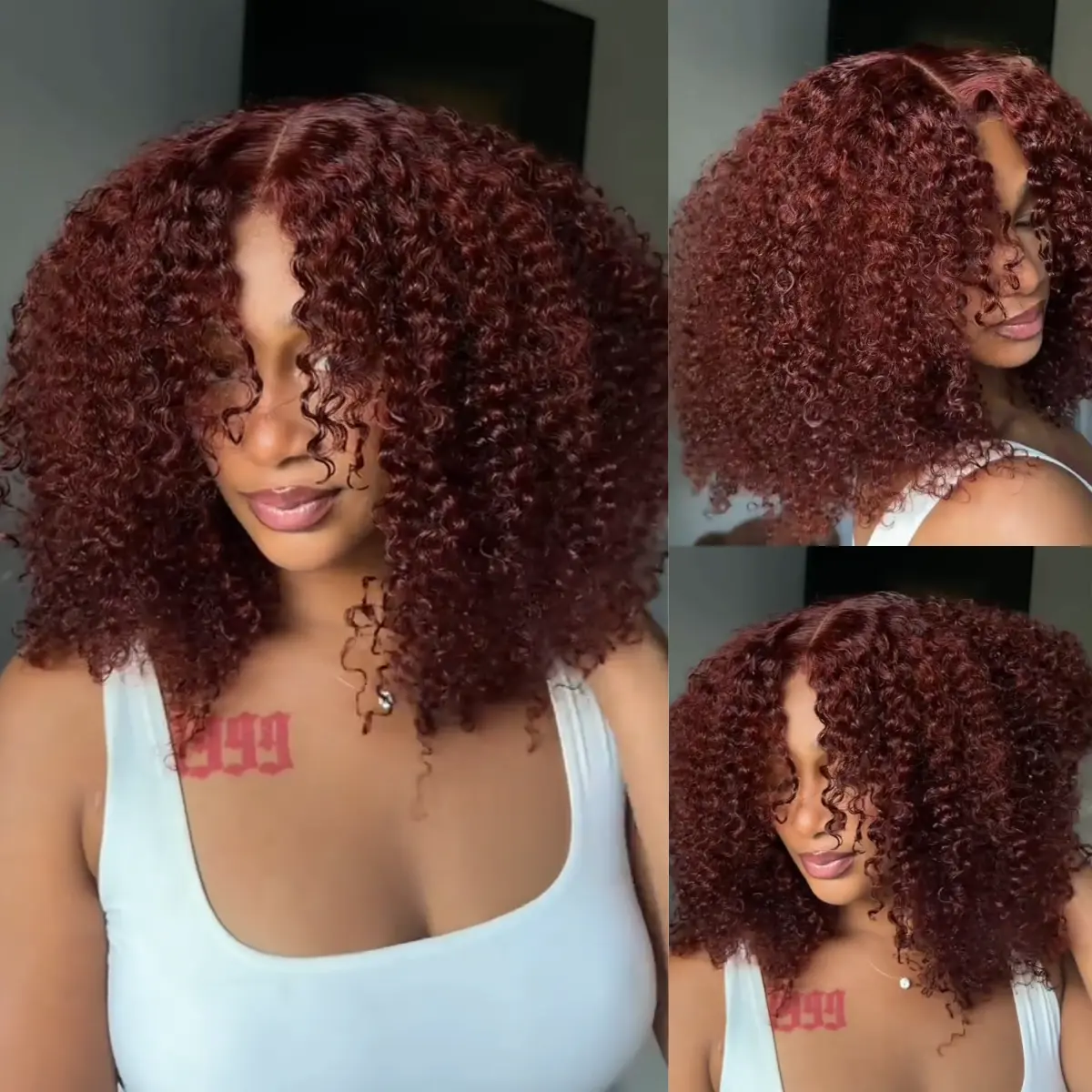UNice 250% Density Afro Kinky Curly Wig with Finger Coil Ends Reddish Brown Glueless 7x5/13x4 HD Lace Frontal Human Hairs Wig with 16 Inch Beginners Friendly Summerwig