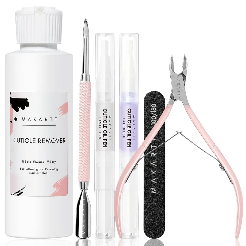 Makartt Cuticle Care & Nail Prep Kit - Beauty Tools with 4.2oz (4 to 4.9 fl oz) Fast-Softening Remover, Oil Pen, Trimmer, 100/180 Grit File, Moisturizer for At-Home Manicure
