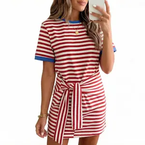 Asvivid Women Shortsleeve Nautical Tie Striped T-Shirt Mini Dress For Women-Striped With Contrast Trim Crew Neck Casual Summer Dress#DealsForYouDays