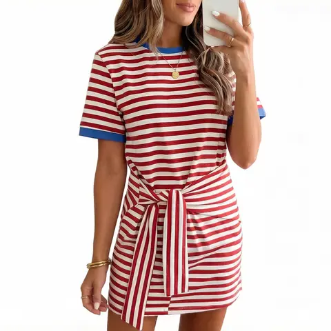 Asvivid Women Shortsleeve Nautical Tie Striped T-Shirt Mini Dress For Women-Striped With Contrast Trim Crew Neck Casual Summer Dress