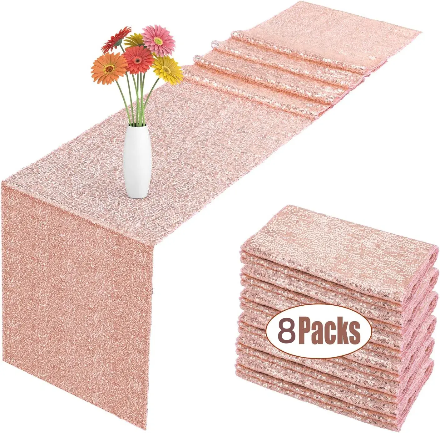 8Pcs Rose Gold High-Density Sequin Table Runners, 12x72In Mesh-Backed Decorative Runners for Rectangular Tables, Christmas Wedding Holiday Festive Party Home Decor