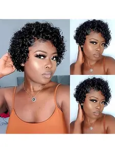 Short Curly Pixie Cut Wigs Human Hair for Black Women Non Lace Full Machine Made Rose Net Cap Human Hair Pixie Wig Brazilian Virgin Glueless Wig Human Hair Short Layered Wigs For Women