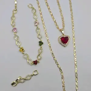 Christmas Gift Fancy Style Set Necklace with Red Heart Infinity Bracelet - Heart's Gold-Plated Extensión Add