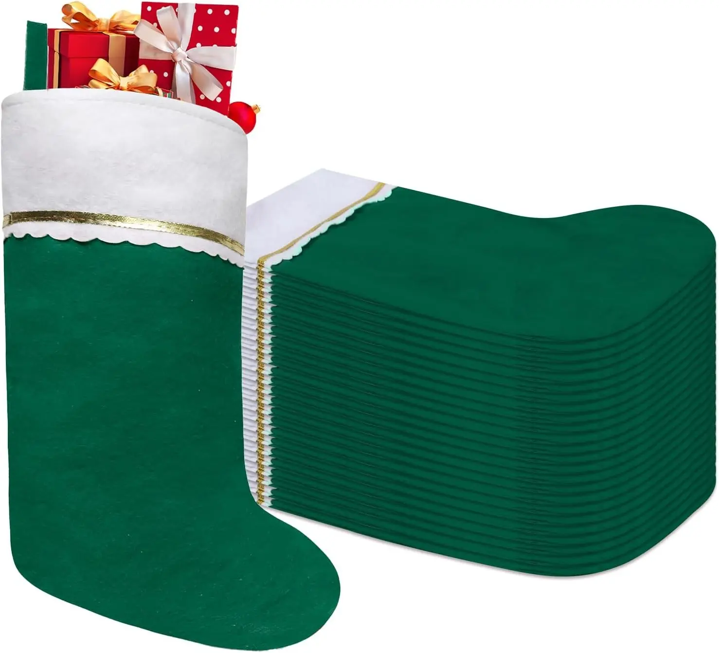 24 Pack 19 Inches Felt Green and White Christmas Stockings with White Cuff Gold Trim for Family Christmas Holiday Decorations