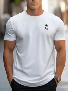 Curated Casual Staple - White Tee with Subtle Palm Tree Motif for a Polished Look,Suitable for both men and women. Regular length T-shirt. Suitable for daily outings and gatherings. Casual style.