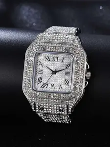 Men's Luxury Rhinestone Decorated Square Dial Analog Quartz Watch, Fashion Classic For Gift, Rhinestone Watches, Without Box