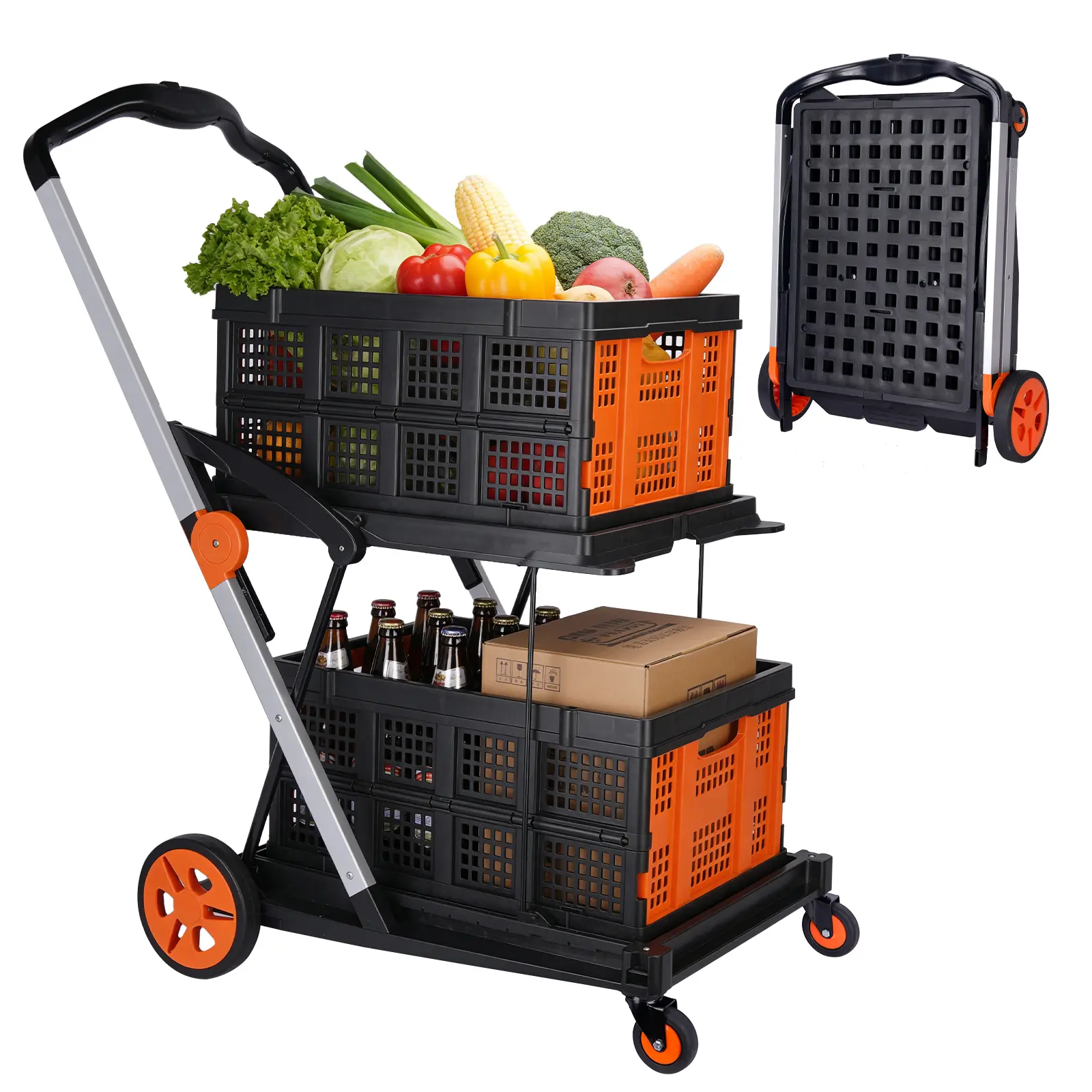 WGCTEK Foldable Shopping Cart with Two Collapsible Crates on Wheels Foot Brake for Groceries Office Warehouse Supermarket, Folding Trolley, Portable