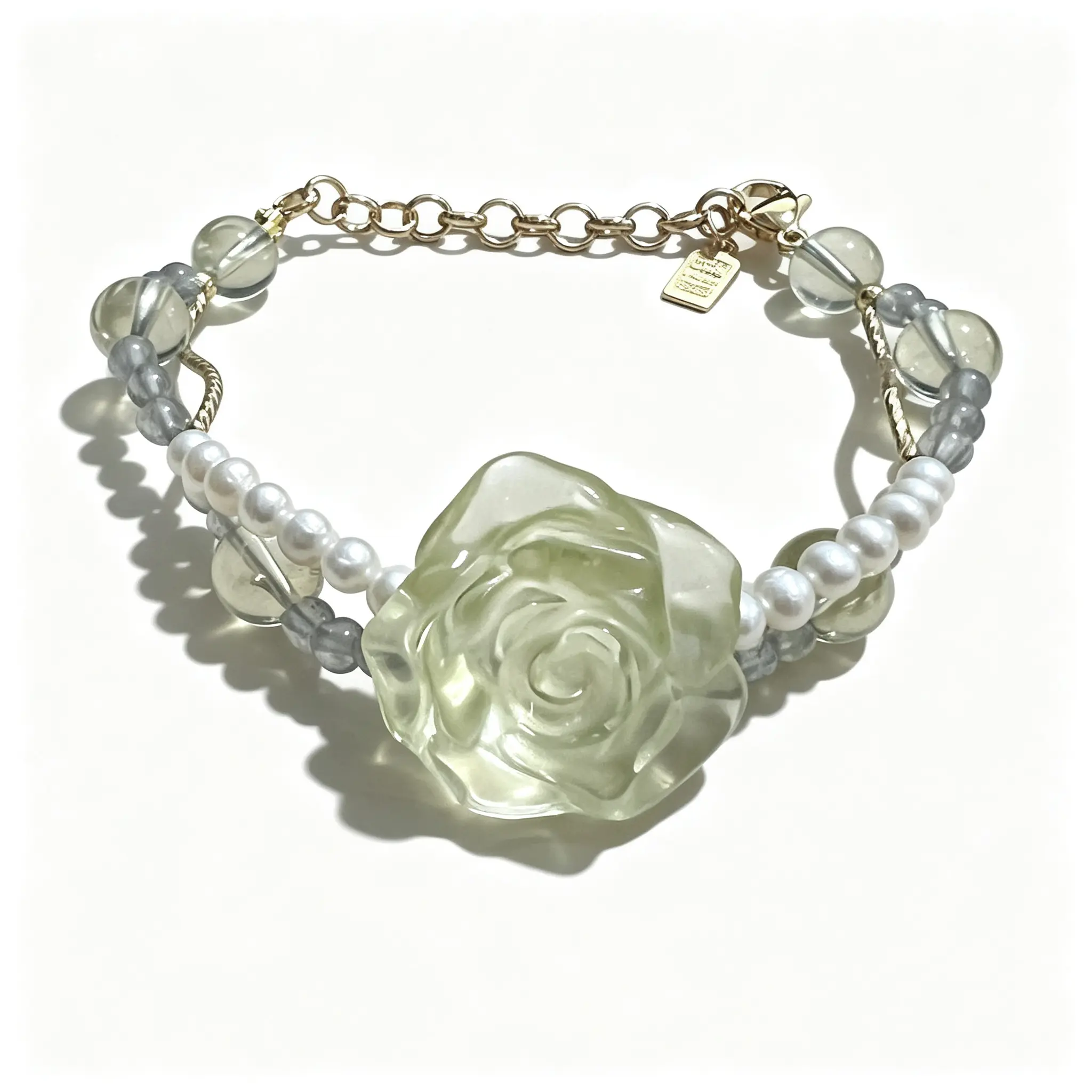 Carved Citrine Rose Bracelet with Pearl & Moonstone Beads Adjustable Chain