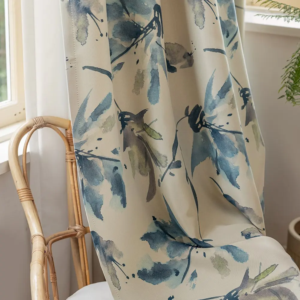 Chinese Ink Wash Floral Curtain, Light Blocking Insulating Drapes, Living Room Bedroom Study Home Decorative Curtain, 1pc Holiday Style Curtains