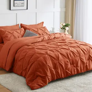 Burnt Orange Comforter Queen a Bag 7 Pintuck Comforters Queen Size Terracotta Pinch Pleat Sets with Comforter, Flat Sheet, Sheet and Pillowcases  Shams
