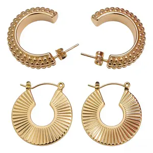 18K Gold Plated Hoop Earrings Set for Women - 2 Pairs  Gold Hoops, Textured Beaded & Sunburst Statement Earrings, Hypoallergenic , Waterproof Tarnish-Resistant Fashion Jewelry Gifts