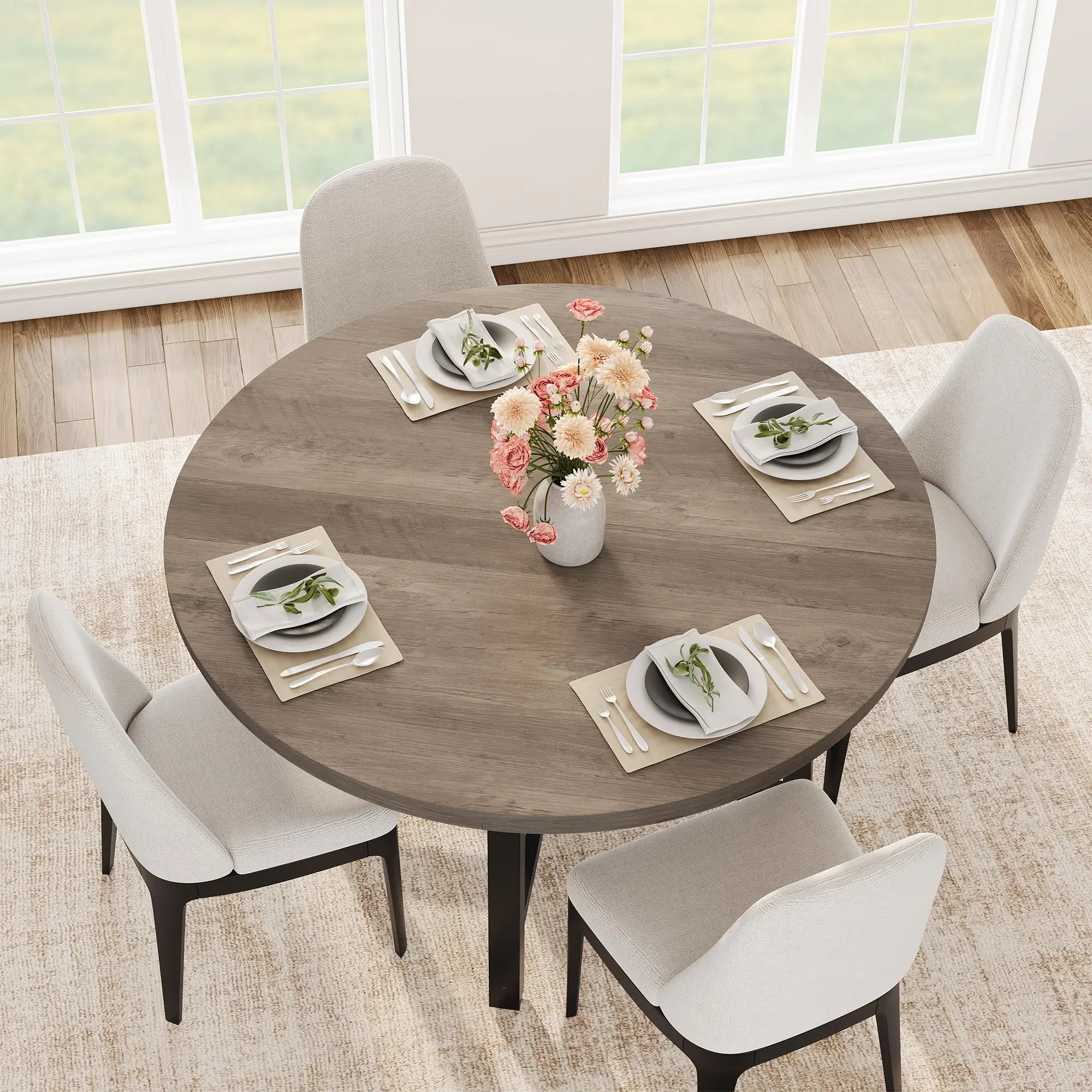 Garvee 47" Round Dining Table for 4 with Sturdy Metal Frame, Wood Circle Kitchen Table in Grey, Space-Saving Design for Dining Room or Kitchen (No Chairs Included), Modern Dining Table, Dining Room Tables