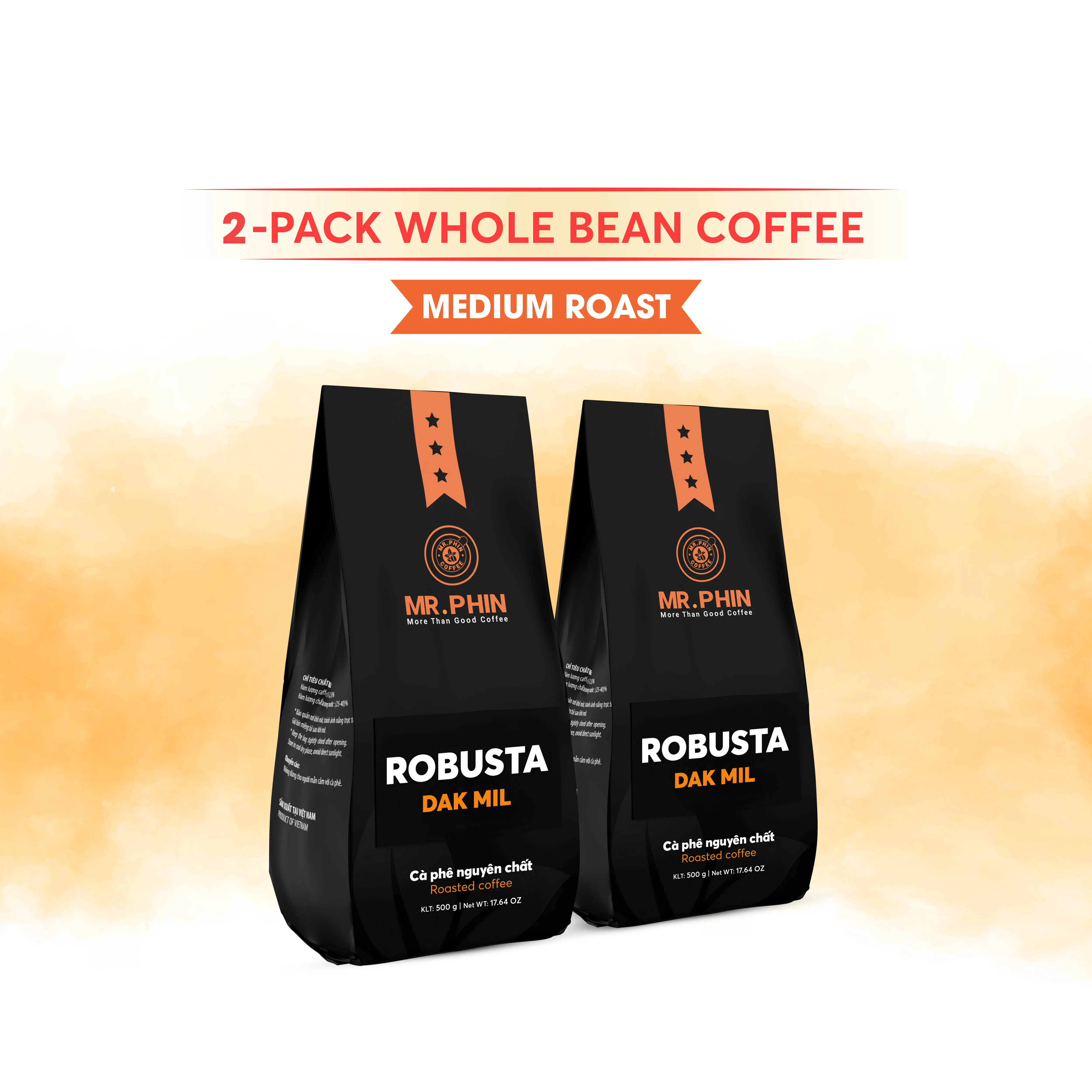 Robusta Dak Mil - 100% Pure Robusta Whole Bean - Vietnamese Coffee, Ultra Strong Energy Boost & Smooth (Total 2.2 lb/2 Pack)