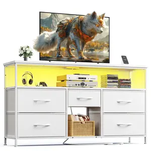 【LaborDaySale】Raybee 30''H Dresser with 5 Drawers,Old School & Chill Vibe TV Stands for Living Room with LED & Charge Station(2 USB Ports & 2 Power Outlets), Match 50 Inches TV,Combining Aesthetics with Practicality