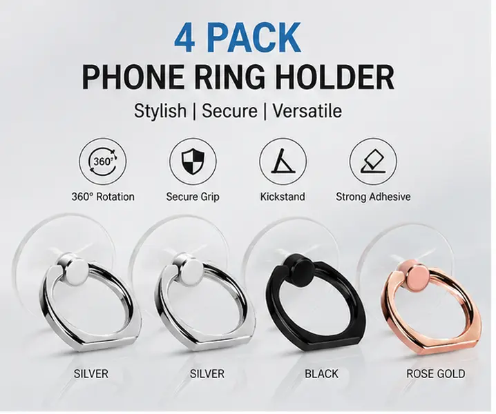 4 Pack Transparent Phone Ring Holders, 360° Rotating Adhesive Finger Grip Stand, Foldable Phone Kickstand for Most Smartphones, Tablets & Phone Cases, 2 Silver, 1 Black, 1 Rose Gold