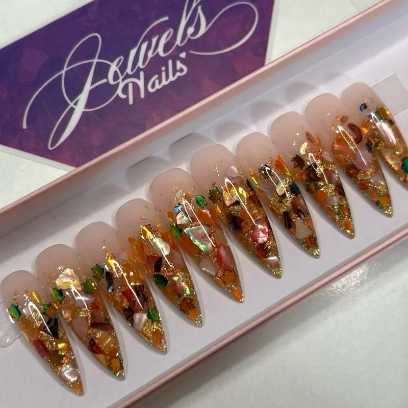 Jewels Nails Fall Hard Gel & Reusable Nails Glossy Finish Made to Order Includes Instructions Tools Available in Multiple Shapes