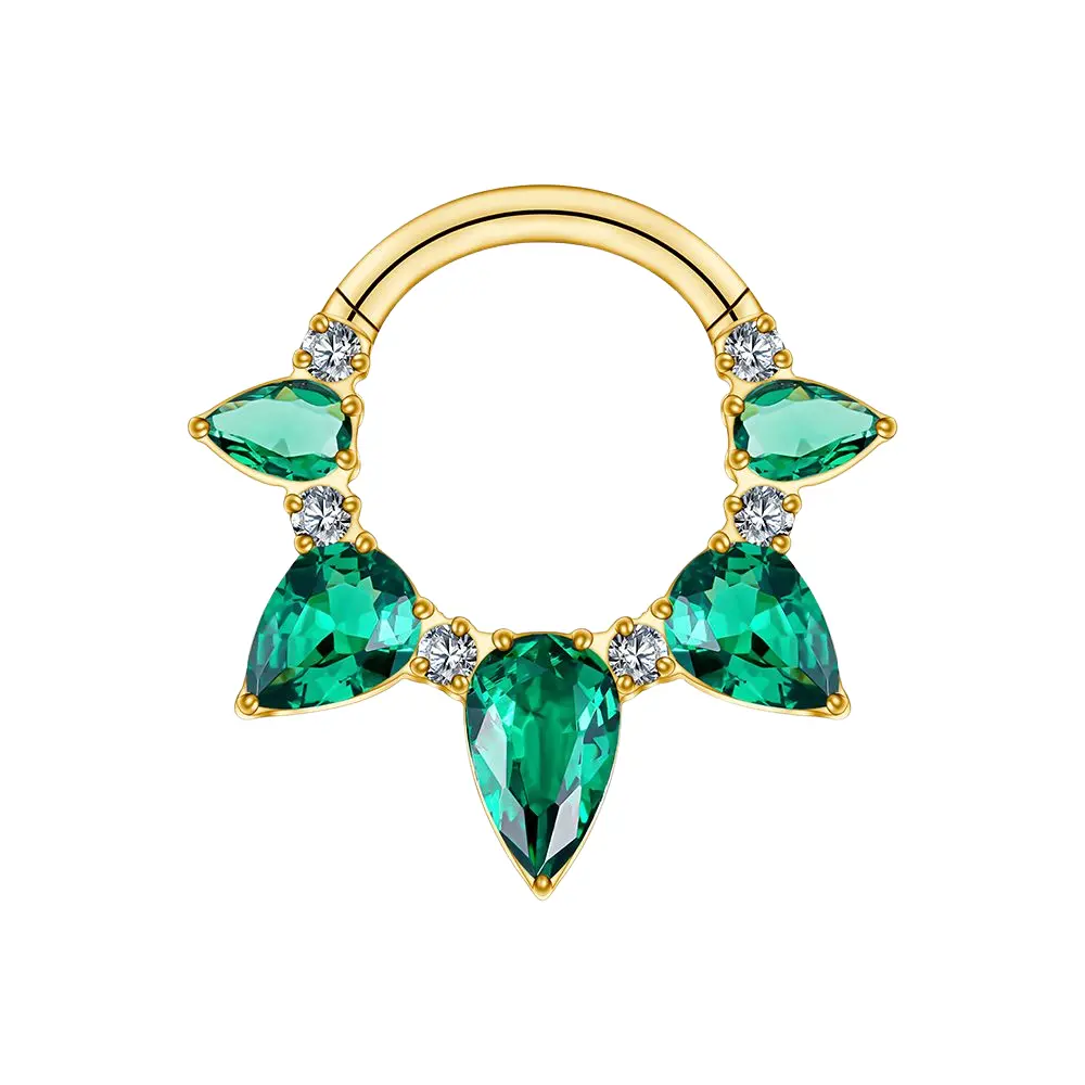 Green Pear Shaped CZ Crystal Lined Hinged Segment Clicker Ring - ASTM F-136 Implant Grade Titanium