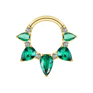 Green Pear Shaped CZ Crystal Lined Hinged Segment Clicker Ring - ASTM F-136 Implant Grade Titanium