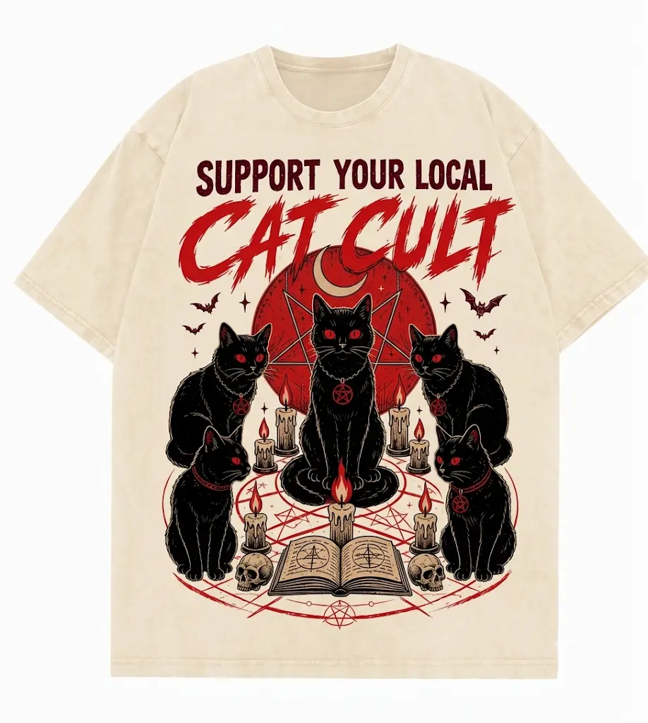Support Your Local Cat Cult Black Cats Occult Pentagram Witchy Unisex Washed Pink Tshirt Mens Vintage Graphic Tee, Boyfriend fit shirt, Oversized top for women, Pastel goth streetwear, Dark humor clothing, Whimsigoth aesthetic, Cat lover gift