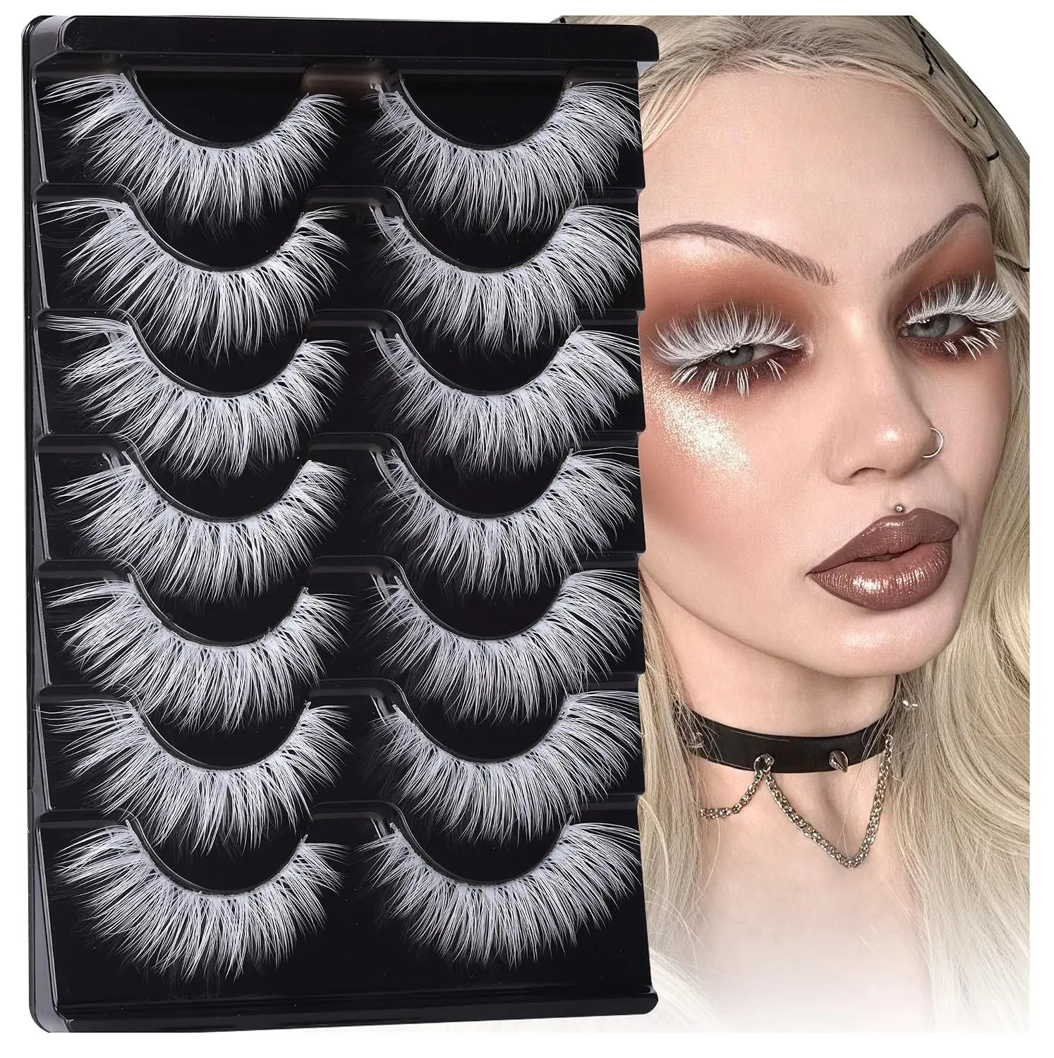7 Pairs White False Eyelashes, Wispy Cat Eye Lashes with Clear Band, Natural Look Lashes for Halloween, Cosplay, Costume & Party Makeup