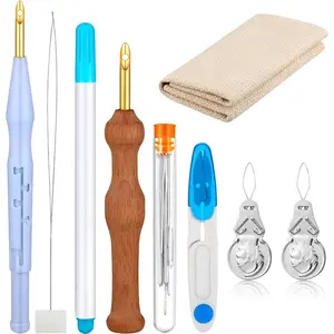 17 count Punch  Kit Adjustable Punch  Tool Include Wooden Handle Embroidery Pen Cloth Large Eye Sewing  for Beginners Adults DIY Craft Gifts(Blue, Sky Blue)