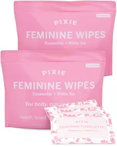 Pixie Feminine Wipes – Naturally Scented Rosewater + White Tea – Flushable, Biodegradable & pH Balanced – Individually Wrapped Wipes for On-The-Go – Cleaner for Menstrual Cups & Discs (2 Packs of 20)
