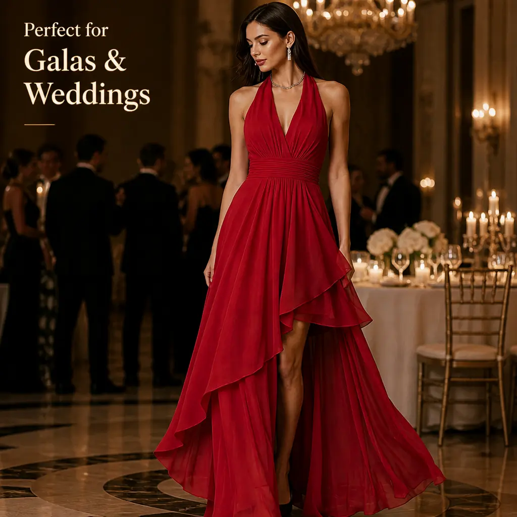 Women's Halter V-Neck Formal Backless Gown - Lightweight Smooth Polyester Chiffon, High-Waist Flowy High-Low Hem, Feminine Minimalist Formal Wear for Wedding Guests, Birthday & Outdoor Events