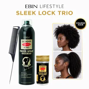 EBIN Wonder Ponytail Bond Extreme Hold Duo – Freeze Finishing Spray + Freeze Wax Stick + FREE Styling Brush | Extreme Hold, Sleek Finish, Fine Hair, Long-Lasting Control