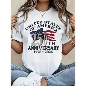 Men's Short-Sleeve Cotton T-Shirt, 250th Anniversary USA Patriotic Top - 1776-2026 Independence Day Flag Print & 250 Years Text, All-Seasons Relaxed-Fit Round Neck Streetwear Casual Tee, Machine Washable